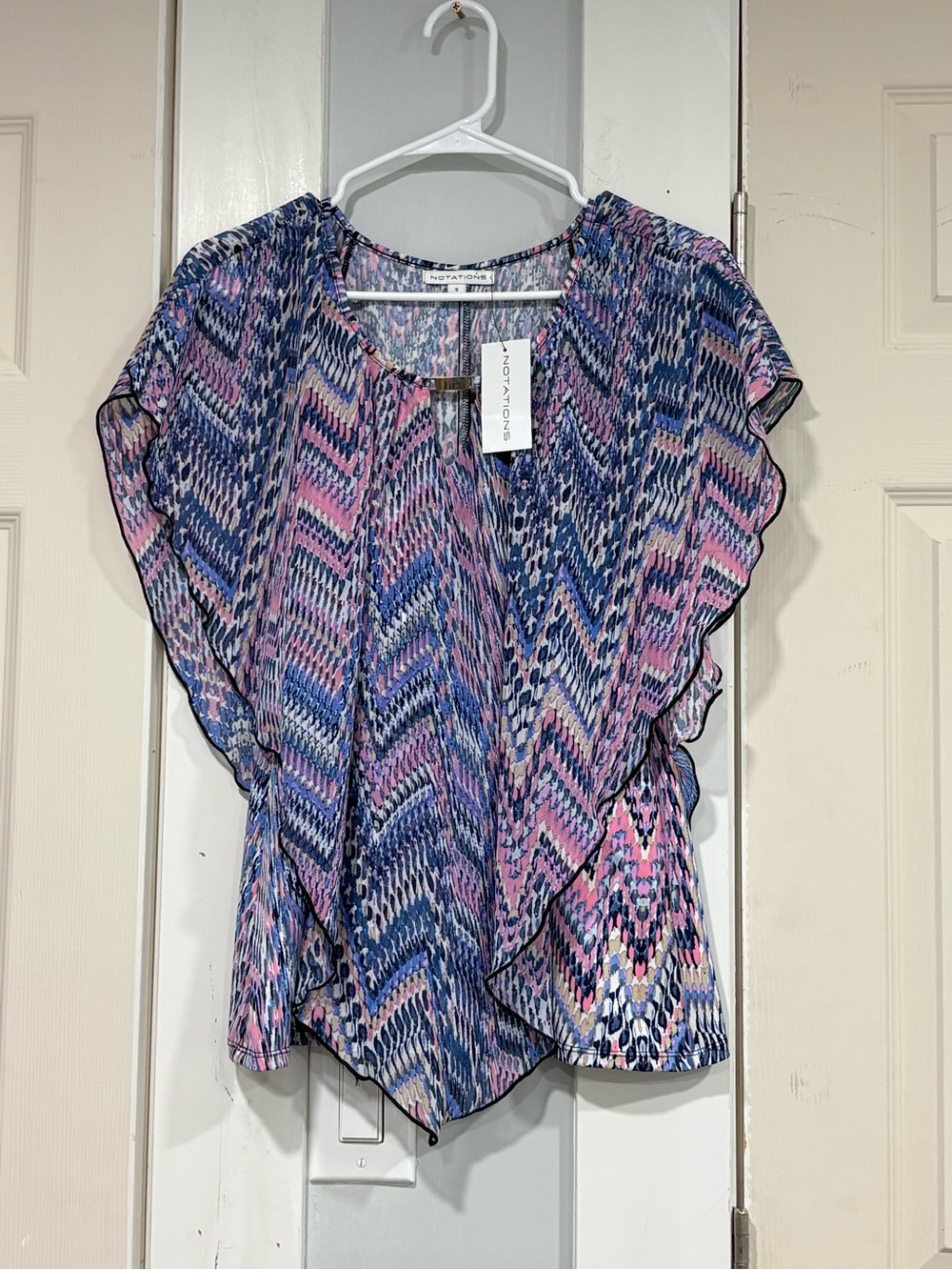 Notations Pink and Blue Chevron Ruffle Sleeve Blouse